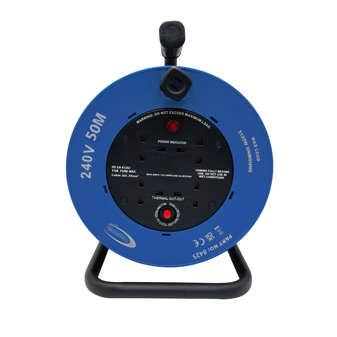 240V Cable Reel 50m 1.25mm 4x13amp Sockets and Plug - (8425) 240V Cable Reel 50m 1.25mm 4x13amp Sockets and Plug - (8425)