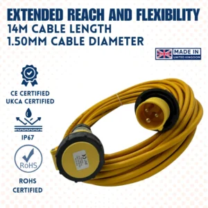 110V Extension Lead 14m 1.5mm Cable IP67 16amp – (10850)