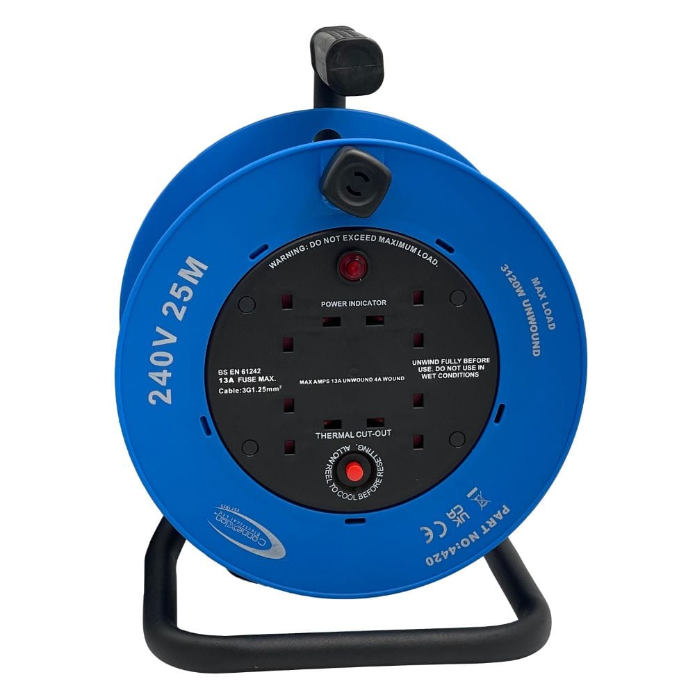 240V Cable Reel 25m 1.25mm 4x13amp Sockets and Plug - (4420) 240V Cable Reel 25m 1.25mm 4x13amp Sockets and Plug - (4420)