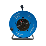 Cardboard packaging box for a 240V 16A cable reel, model H05VV-F 3G2.5mm² 50M, with product specifications printed on the front, isolated on a transparent background.