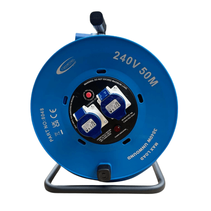 240V Cable Reel 50m 2.5mm 2x16amp Sockets and Plug