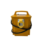Portable yellow industrial power distribution box with a carry handle and a 16A 3-pin socket on a transparent background.