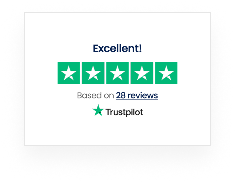 Trustpilot review badge displaying 'Excellent!' with 5 green stars based on 28 reviews