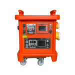 Rear view of mobile industrial power bank station with heavy-duty castors