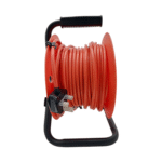 Portable red extension cable reel with integrated carrying handle and 13A domestic plug