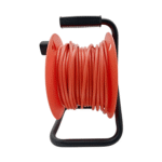 Domestic 13A red extension cable reel with twin shuttered sockets and black frame